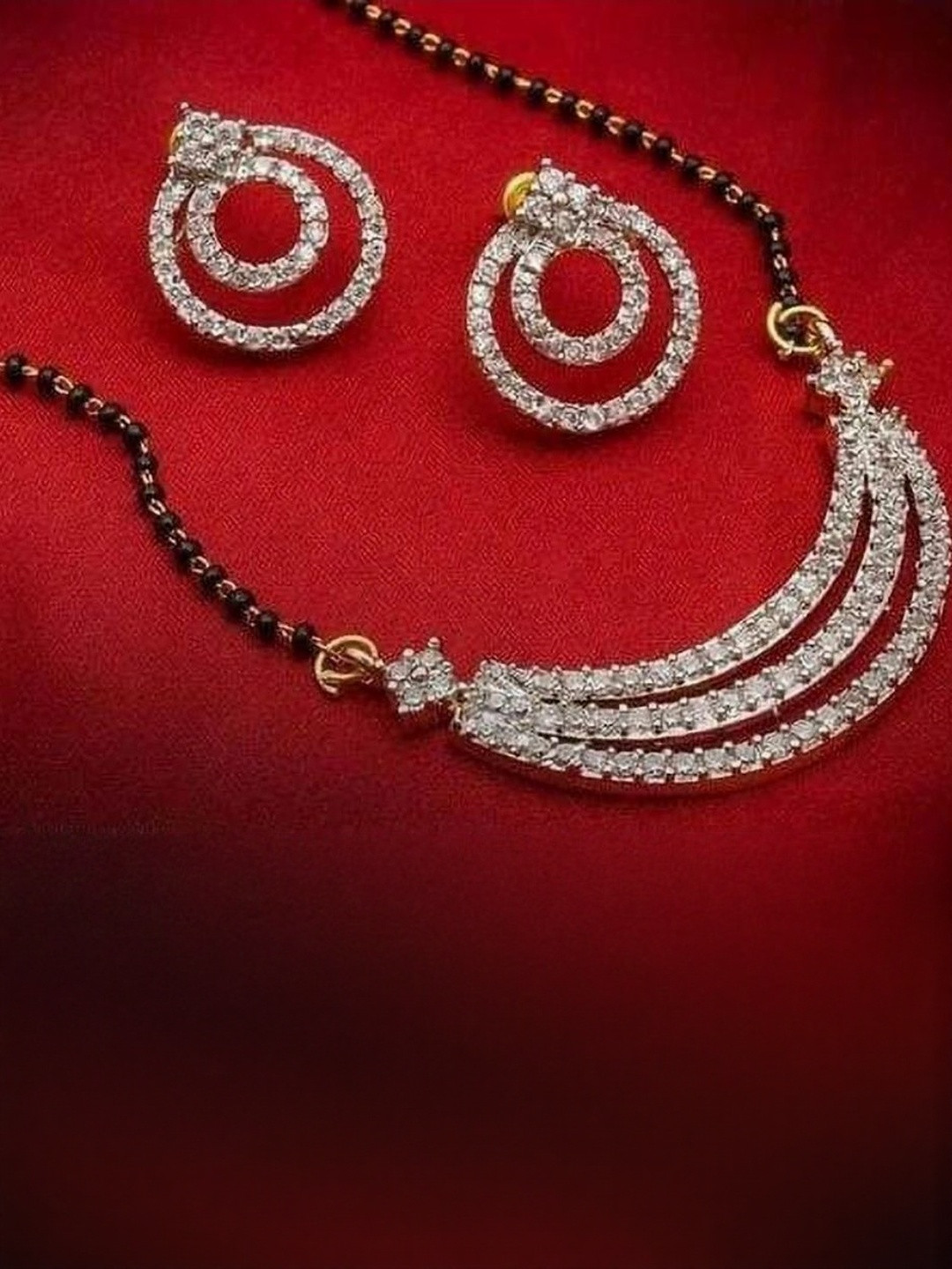 Sansik Women Black Silver & Gold-Plated Artificial Stones Alloy Mangalsutra & Earrings Set