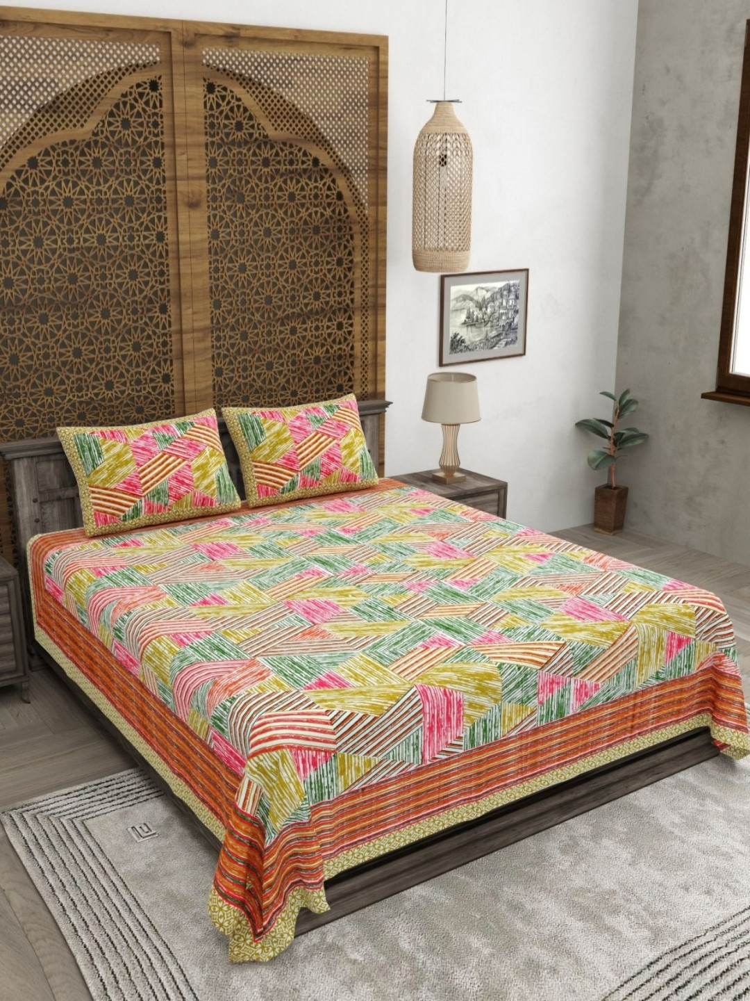 CLOTHOLOGY Spring Green & Yellow Hatched Geometric Mosaic Heritage 180 TC Cotton King Bedsheet with 2 Pillow Cover