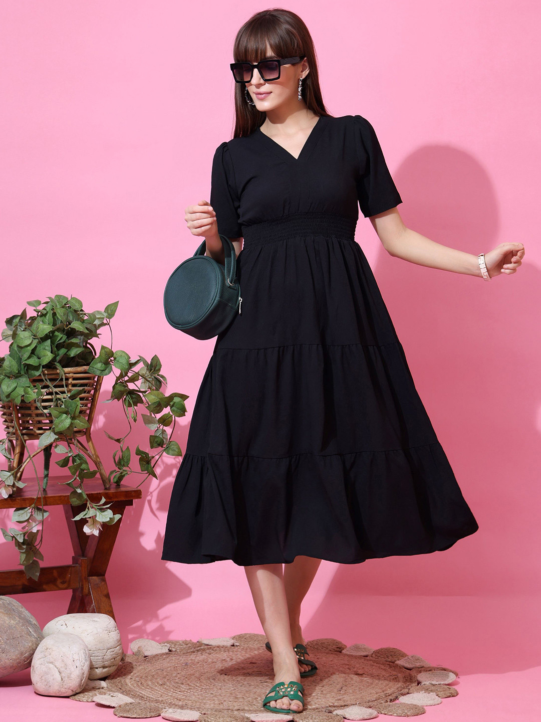 SHEETAL Associates Solid Gathered or Pleated Fit & Flare Midi Dress