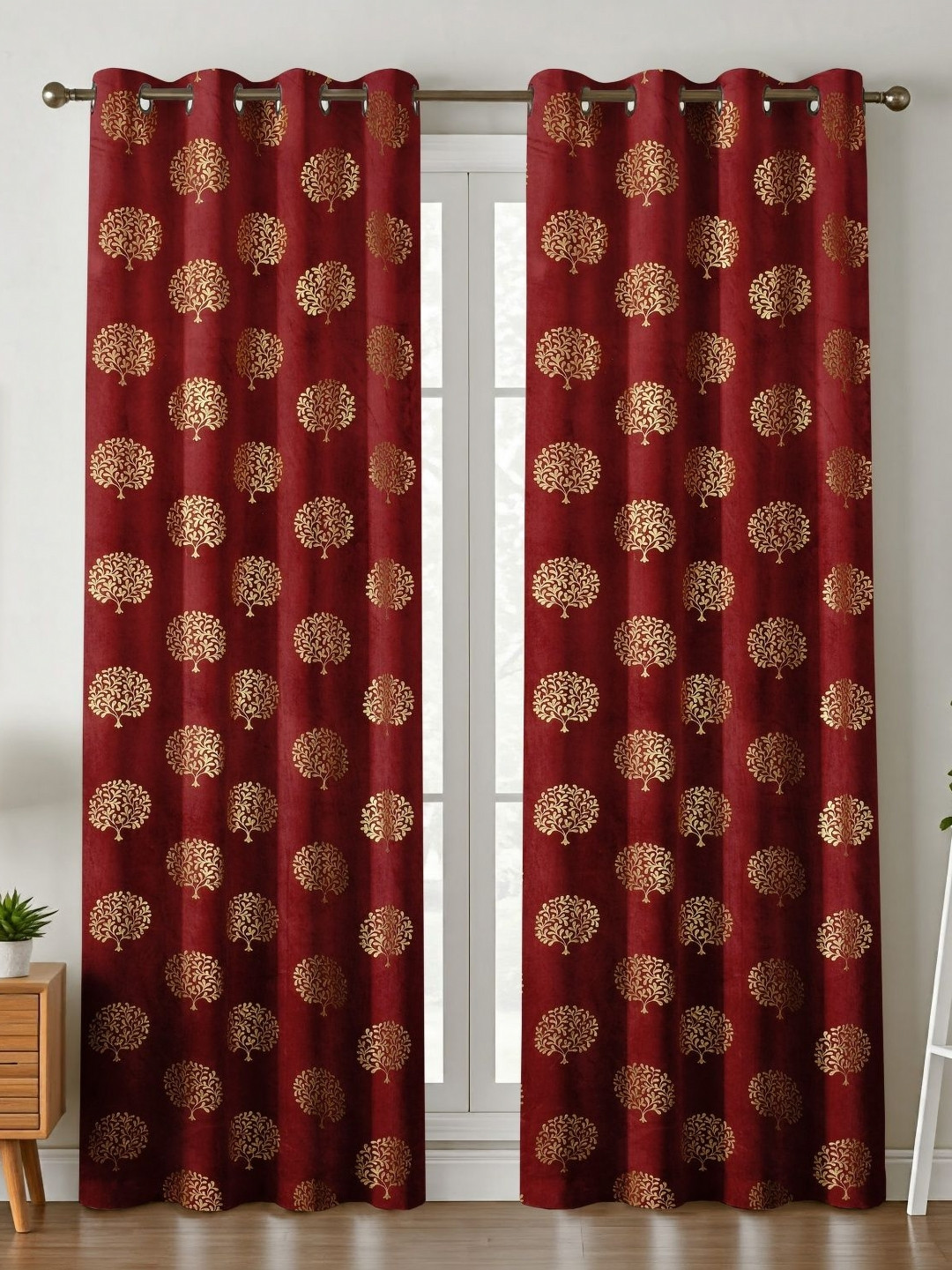 Kiara Creations 2 Pieces Maroon & Gold-Toned Tree Room Darkening Velvet Door Curtains