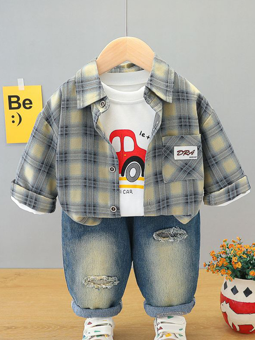 StyleCast x Revolte Boys Checked Pure Cotton T-shirt and Shirt with Distressed Jeans