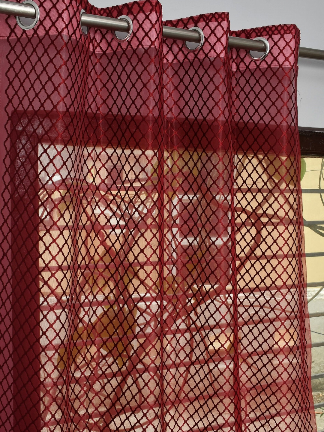 GEET CREATIONS Maroon 2 Pieces Geometric Printed Sheers Window Curtains