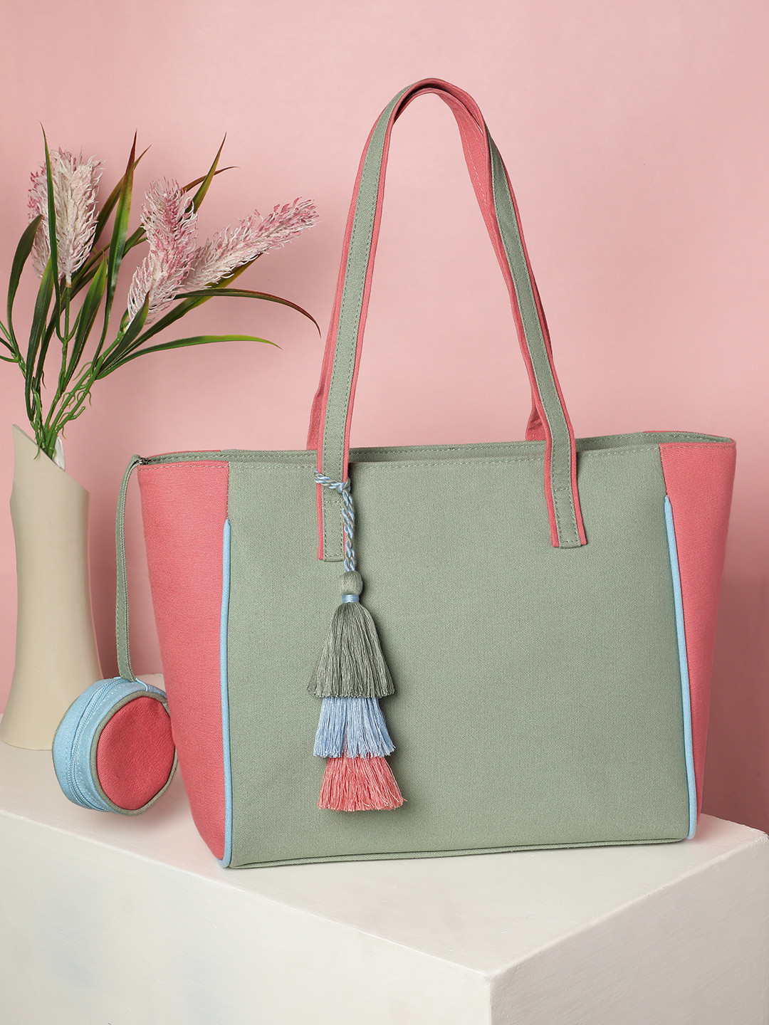 Anekaant Hue Green Cotton Canvas Colourblocked Tote Bag