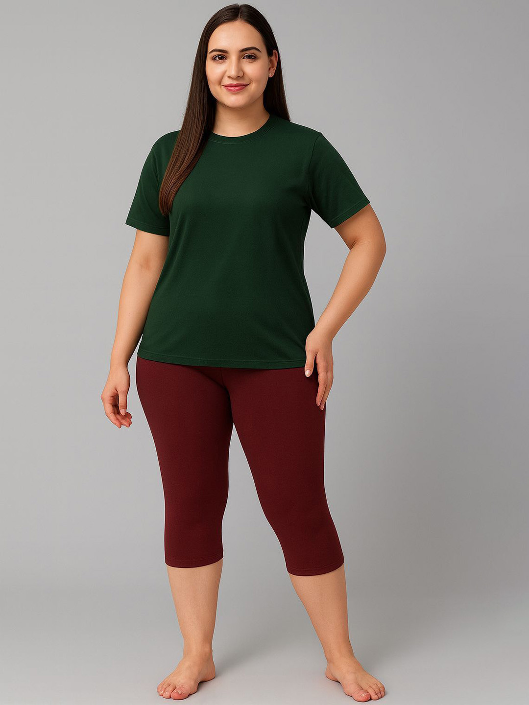 DRAXSTAR Women Round Neck Plus Size T-shirt & Capri Swimwear