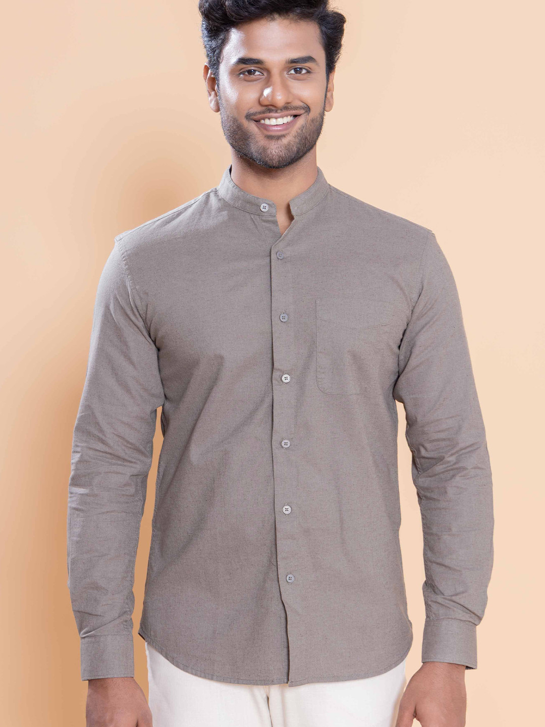 Native Bull Classic Band Collar Roll-Up Sleeves Shirt