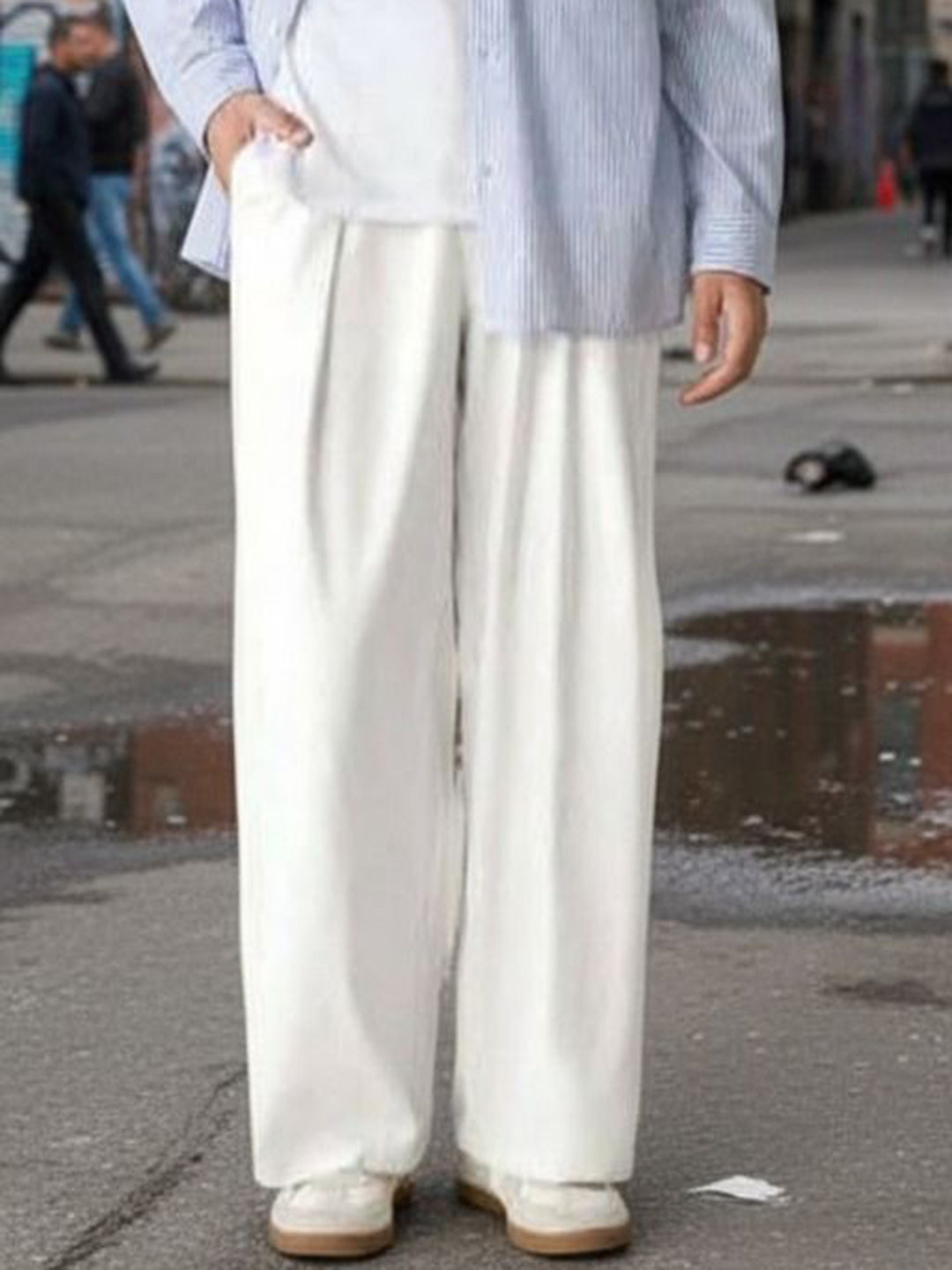 BROADSTAR Men Relaxed Straight Leg Wide Leg Easy Wash Pleated Korean Pants