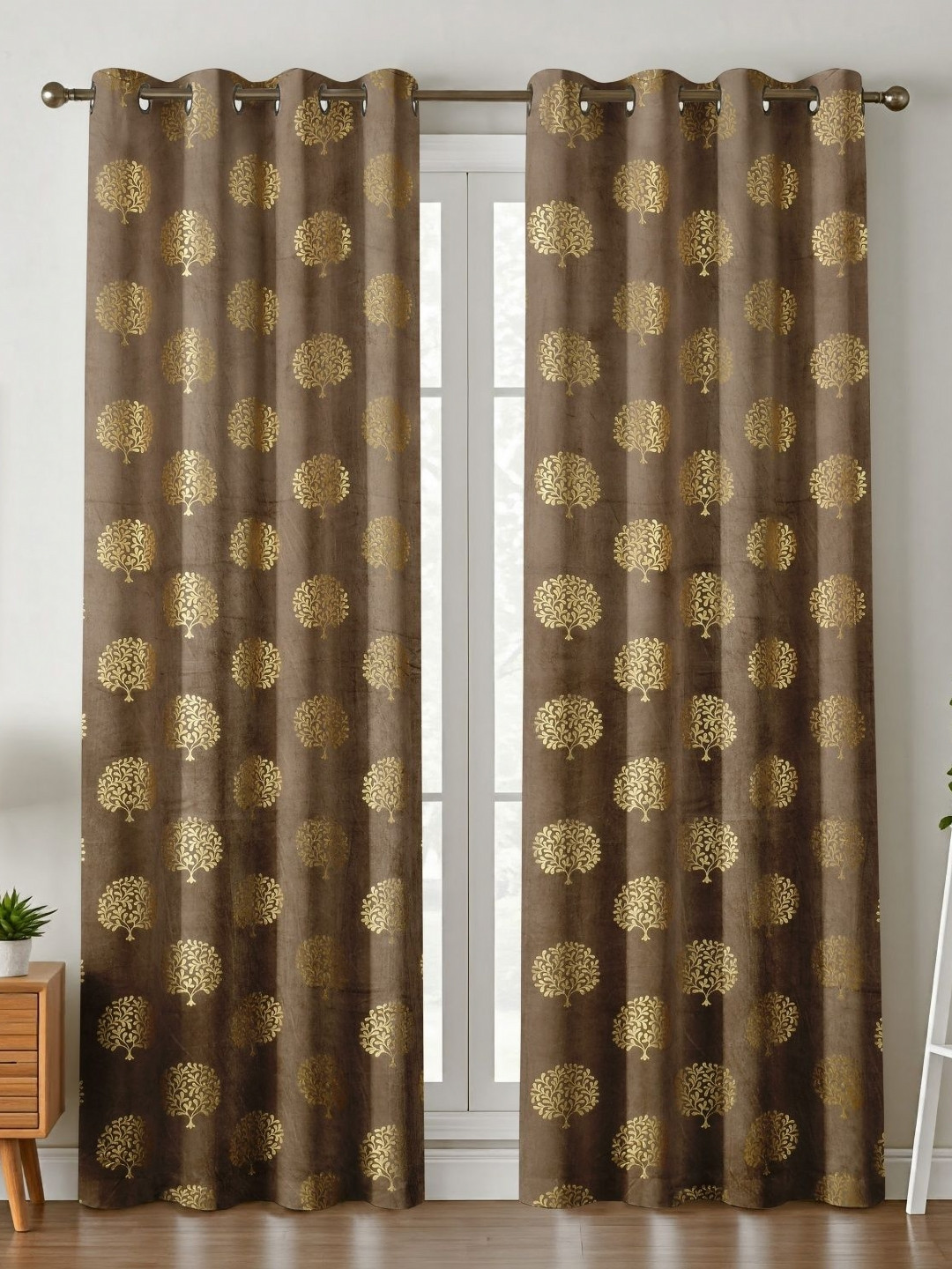 Kiara Creations 2 Pieces Brown & Gold-Toned Tree Darkening Velvet Long Door Curtains