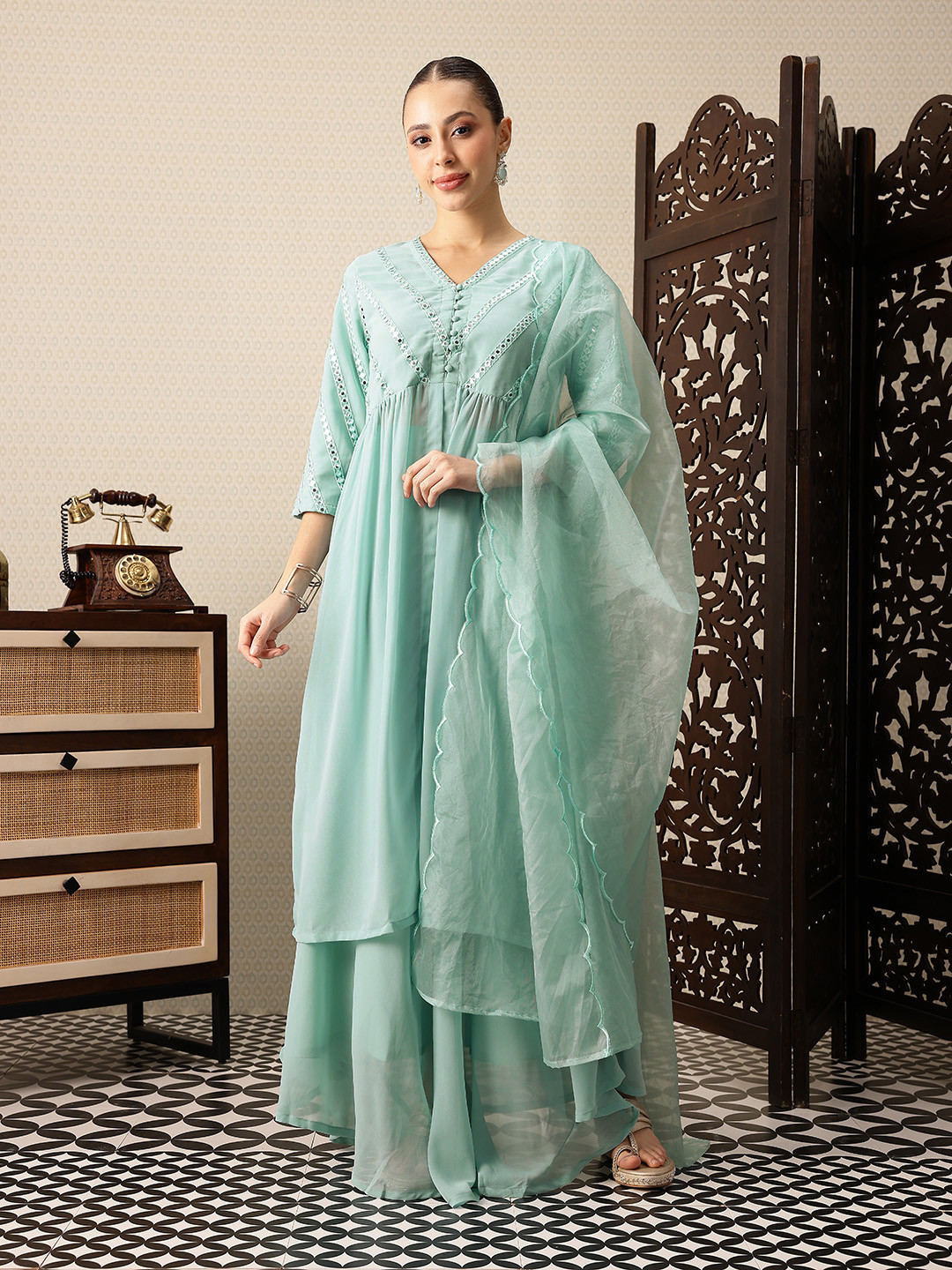House of Pataudi Embroidered Mirror Work A-line Jashn Kurta with Skirt & With Dupatta