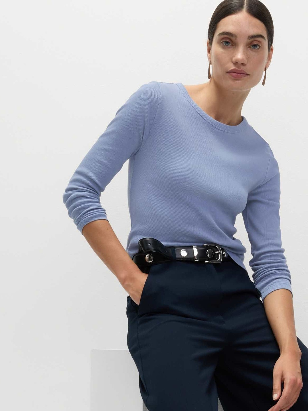 Marks & Spencer Women Ribbed Round Neck Cotton Rich Top