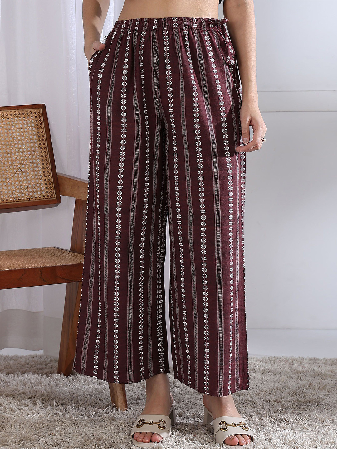 KANCHUK Women Embroidered Lace Wide Leg Palazzos