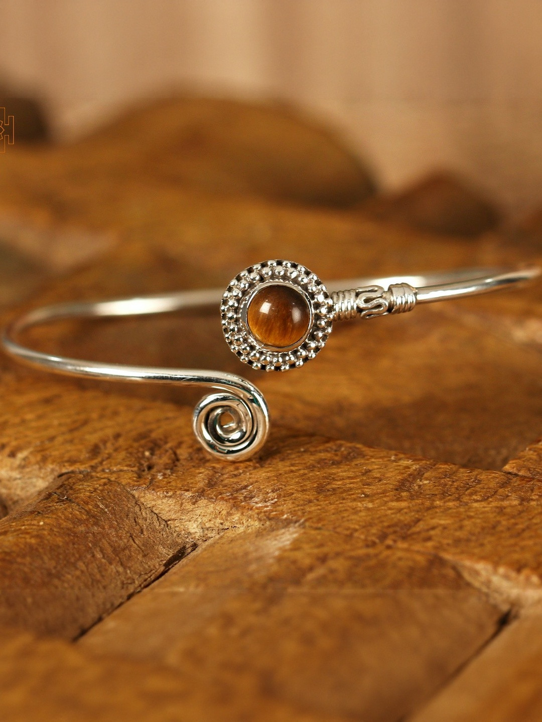 Exotic India Women Sterling Silver Tigers Eye Stone Studded And Spiral Open Cuff Bracelet