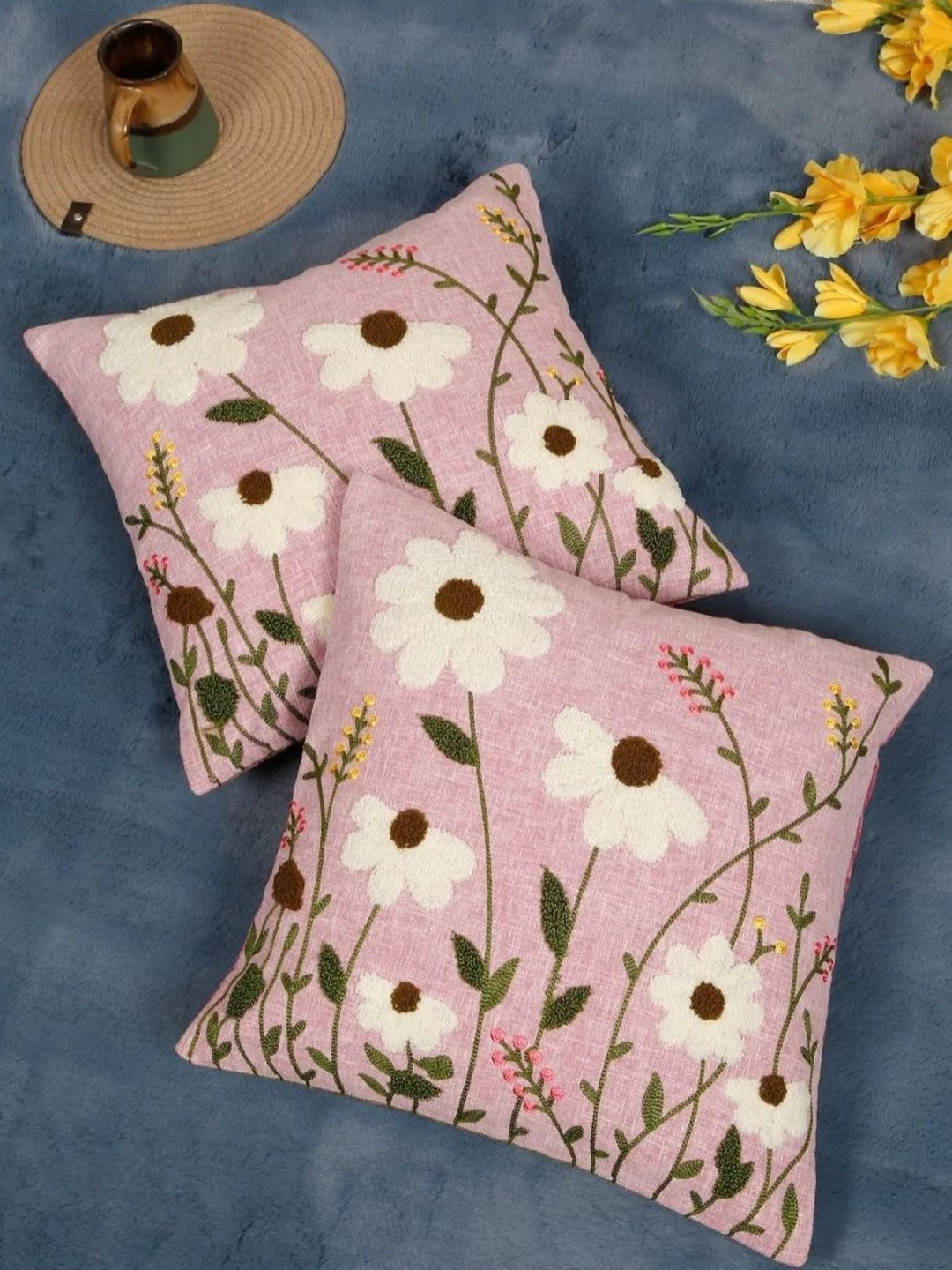 MONKDECOR Pack Of 2 Pink Floral Garden Linen Embroidered Square Cushion Cover