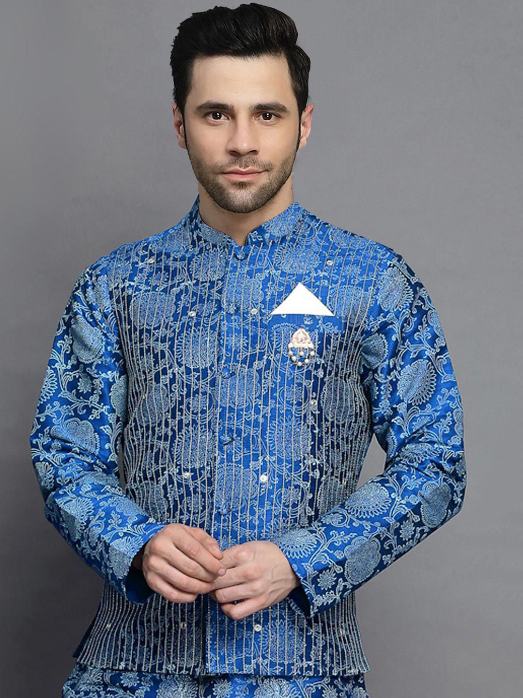 Utsav Fashion Men Block Printed Mandarin Collar Art Silk Nehru Jacket