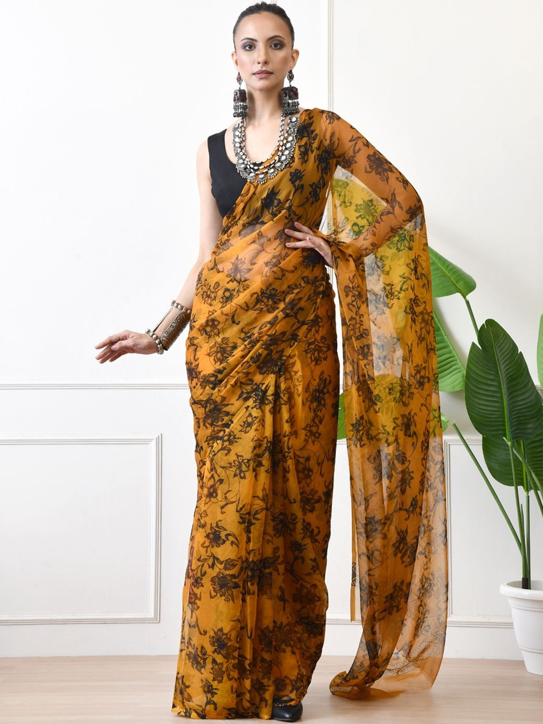 House of Chiffon Women Floral Print Pure Chiffon Saree