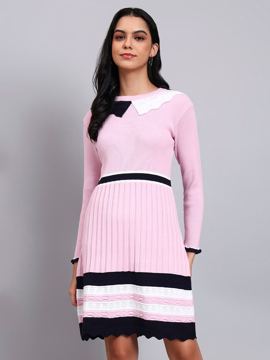 MODKLINE WITH MK Women Colourblocked Peter Pan Collar Ruffled Woollen Jumper Dress