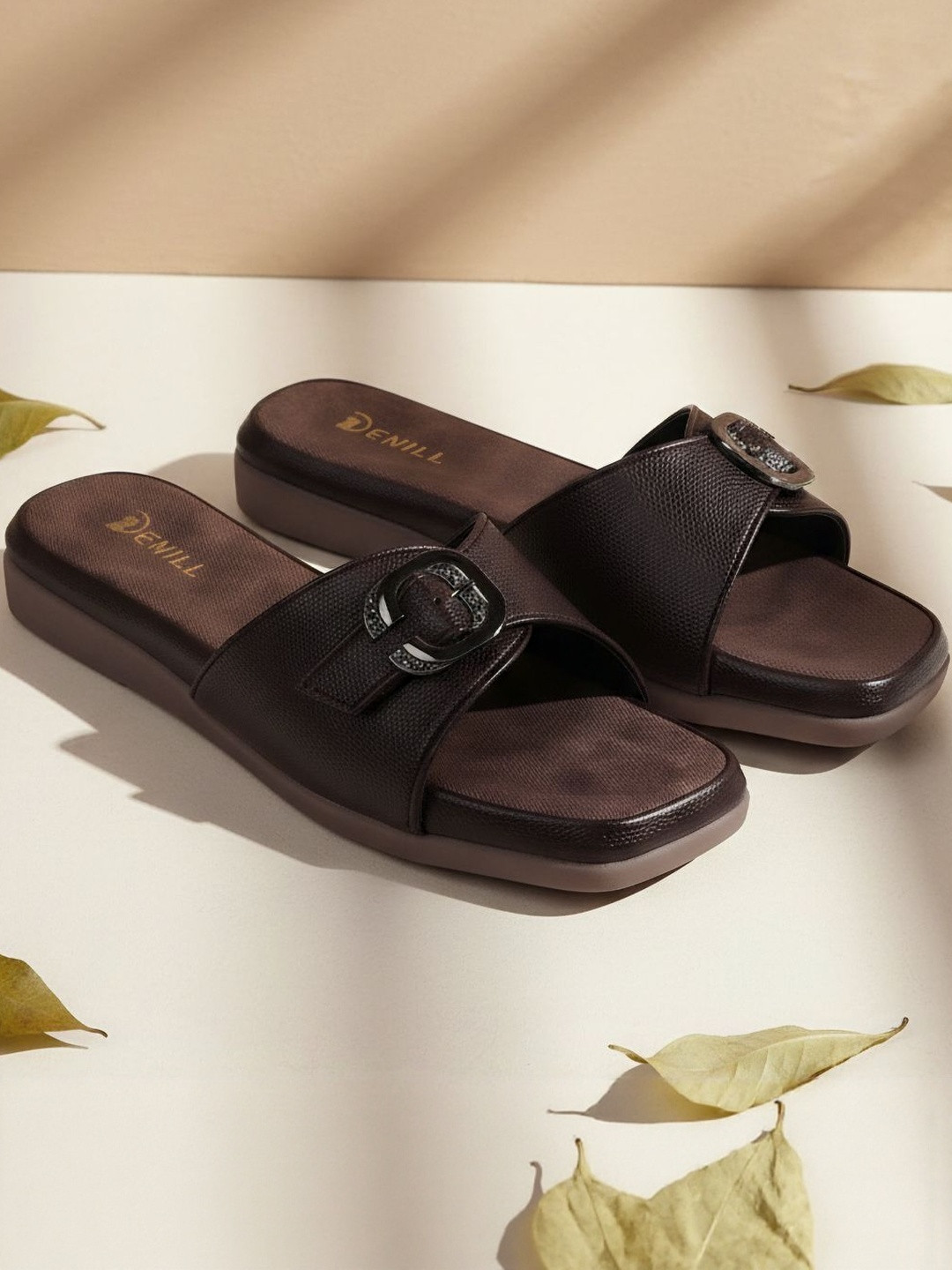 Denill Women Brown Synthetic Leather with Stylish Buckle  Square Toe Slip-On Flats