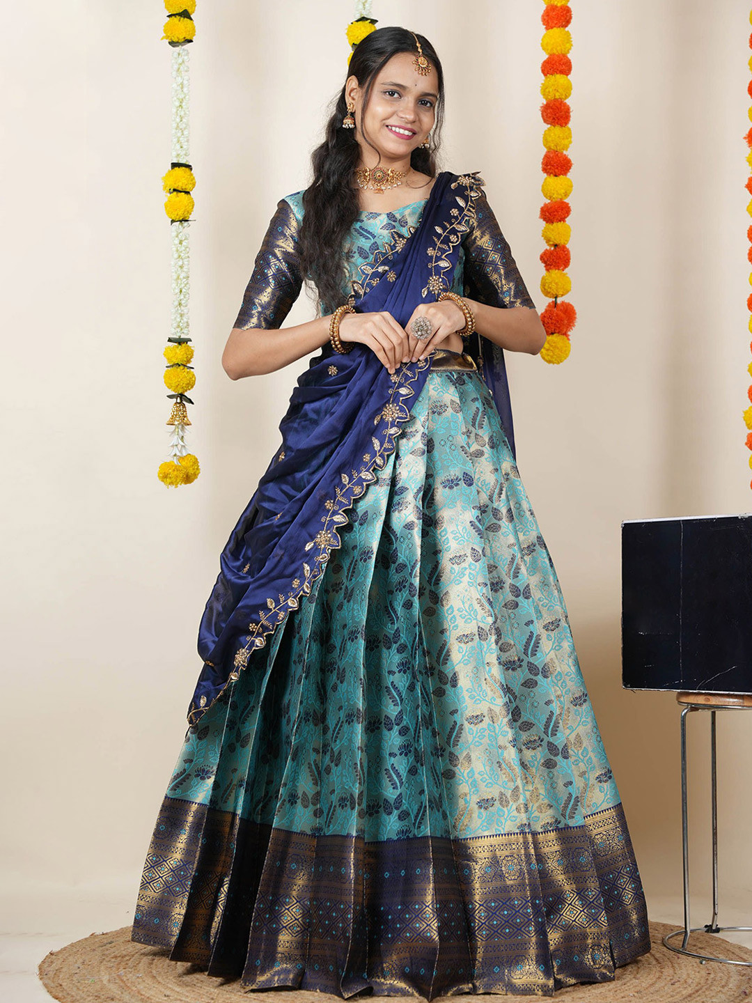 Fabcartz Woven Design Semi-Stitched Silk Lehenga & Unstitched Blouse With Dupatta