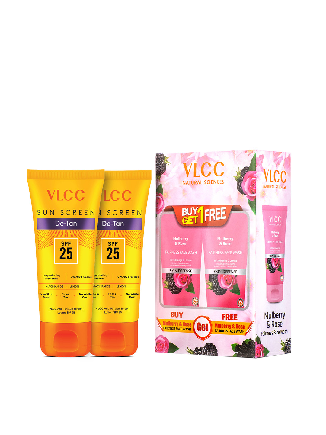 VLCC Set of 2 Skin Defense Mulberry & Rose Face Wash & 2 De-Tan Sunscreen - 150ml