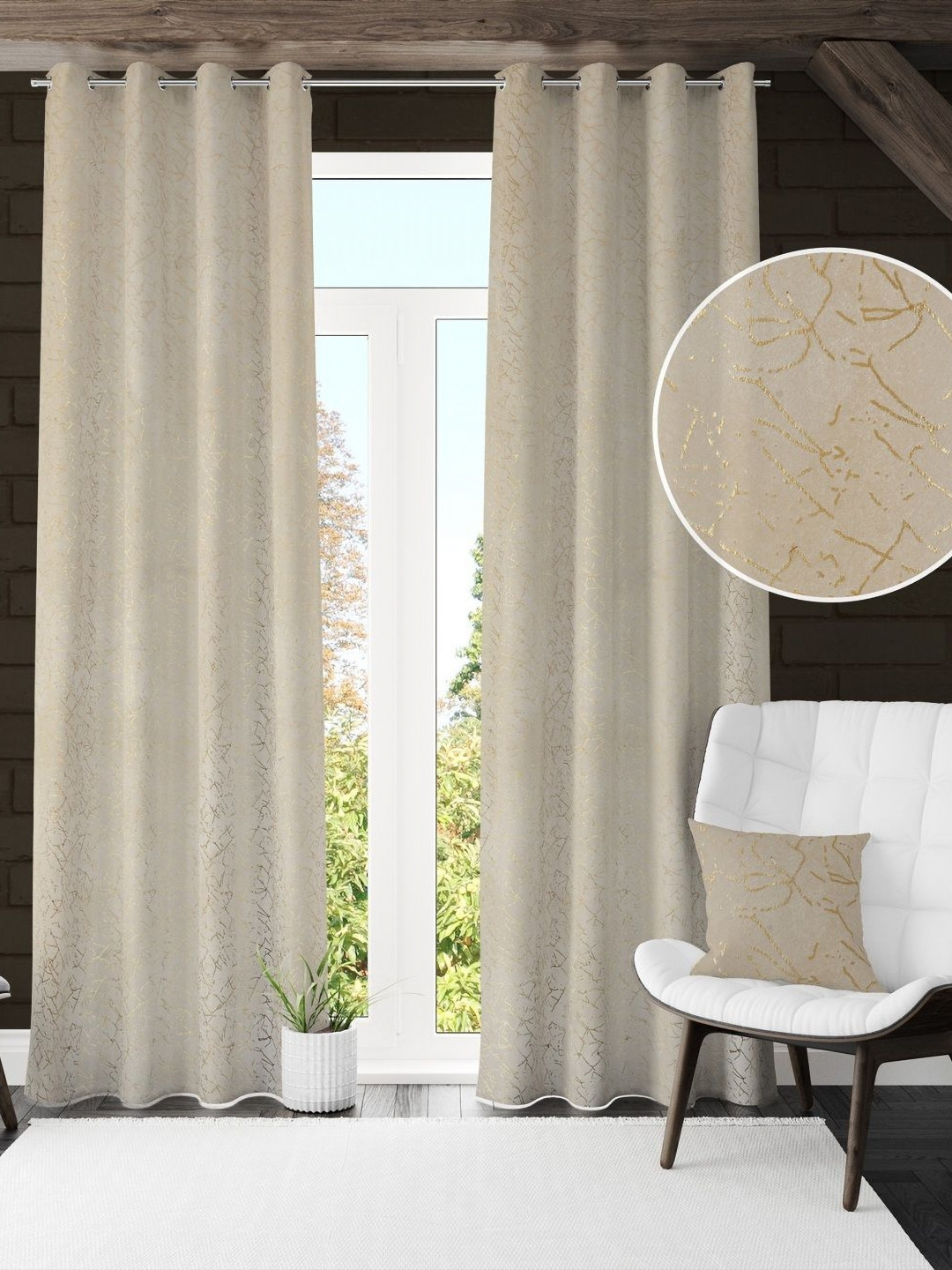 GEET CREATIONS Cream & Gold-Toned 2 Pieces Textured Room Darkening Velvet Window Curtains