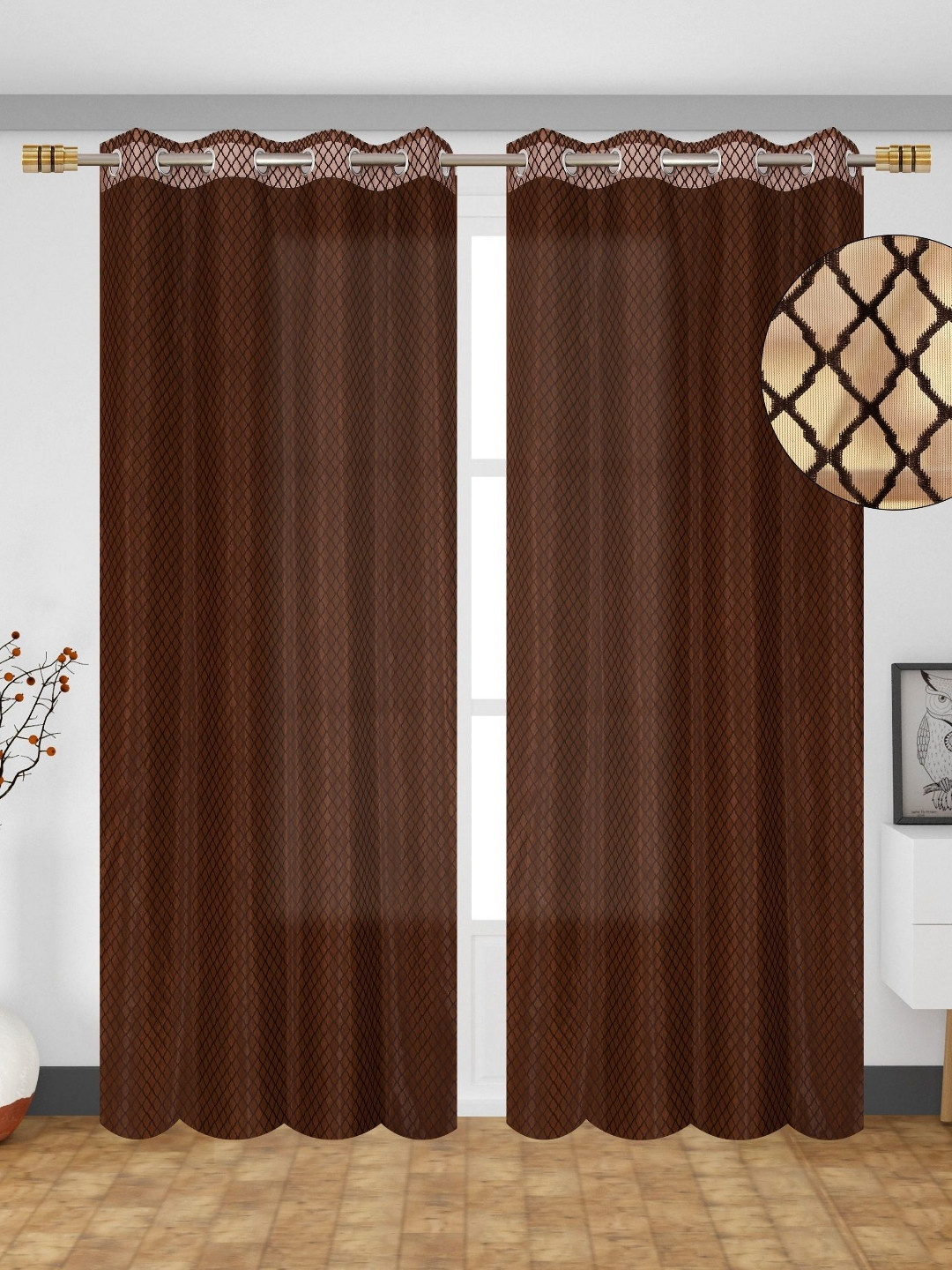 GEET CREATIONS Coffee Brown Toned 2 Pieces Sheer Cross Net Door Curtains