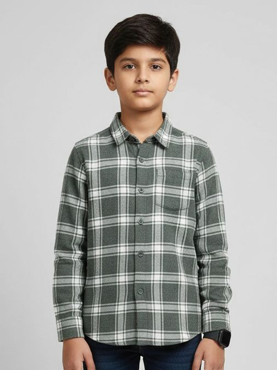 The Lion and The Fish Boys Checked Printed Spread Collar Relaxed Fit Casual Shirt