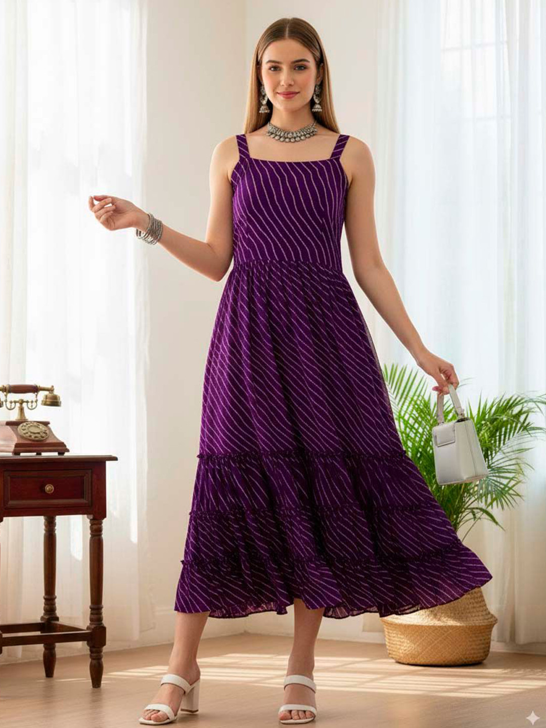 LIPS CROWN Women Striped Georgette Fit & Flare Midi Dress