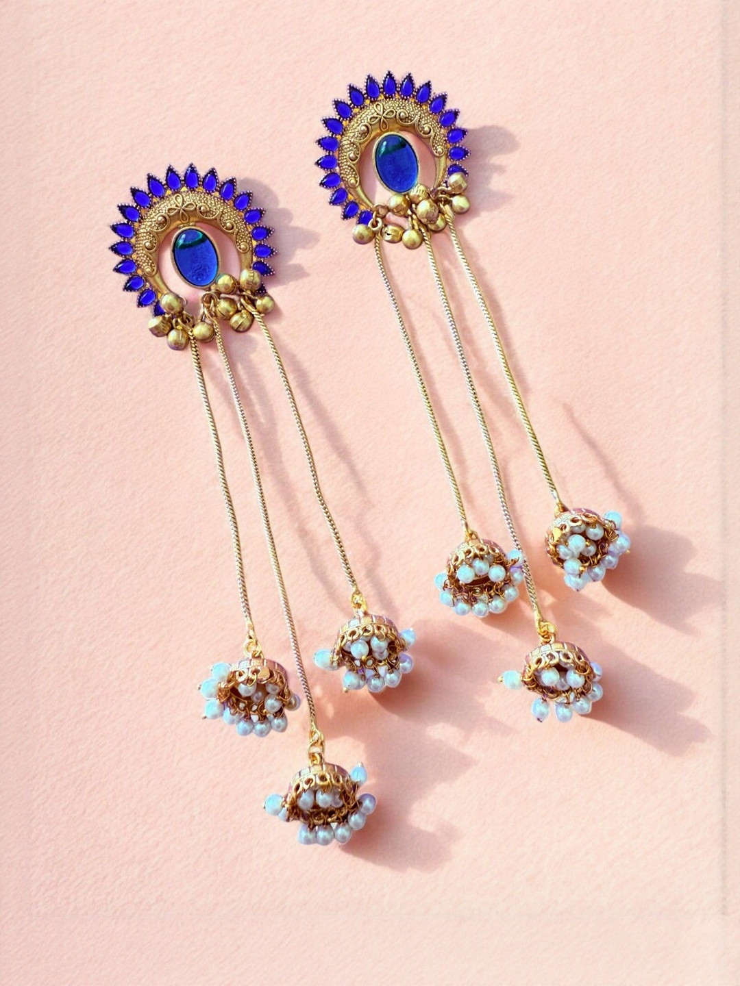 House of Pataudi Gold-Plated Stone-Studded & Beaded Sunbrust Kashmiri Earrings