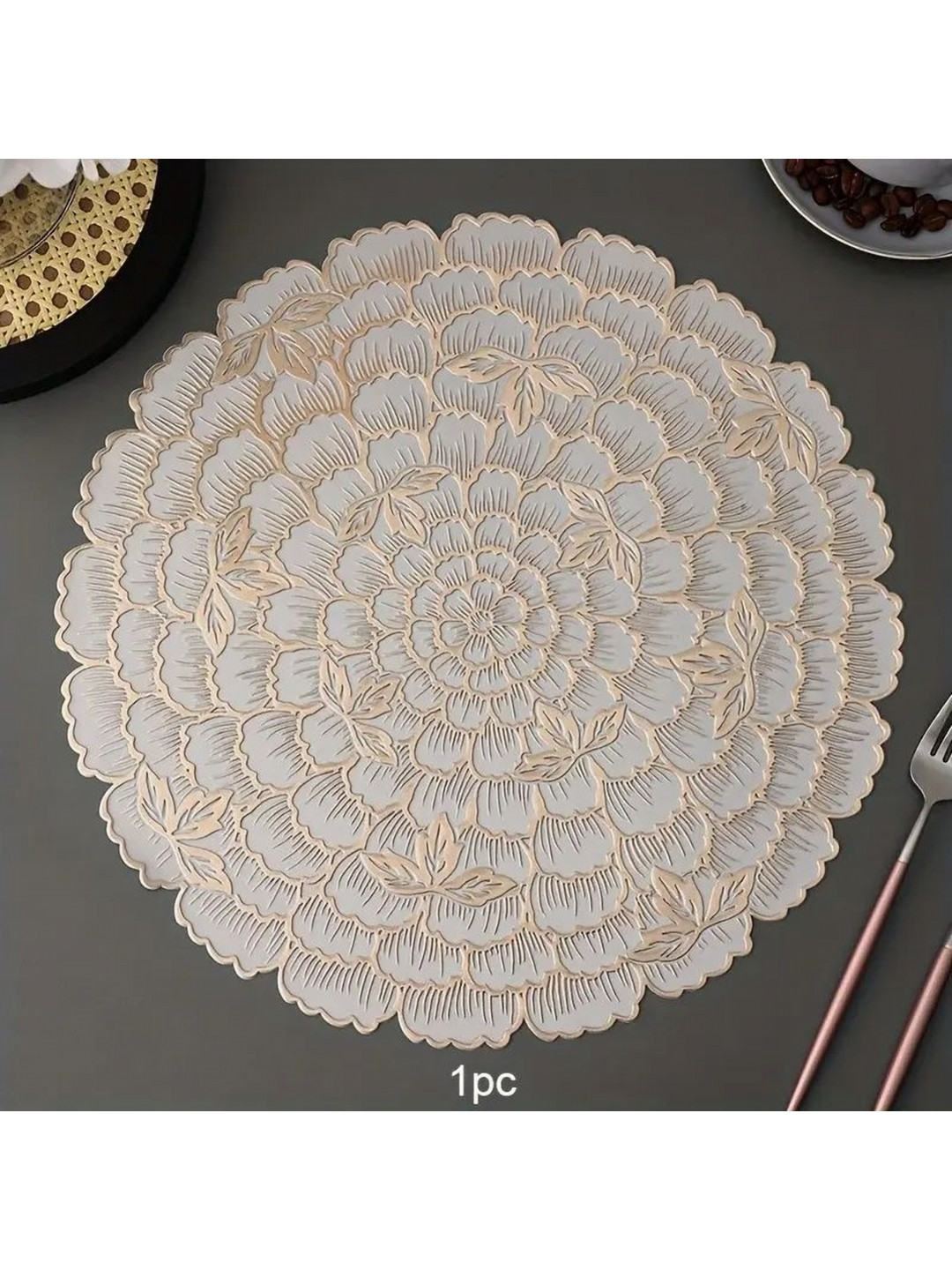Dakshya Industries Algeria Gold Toned & White Textured Waterproof Table Placemat