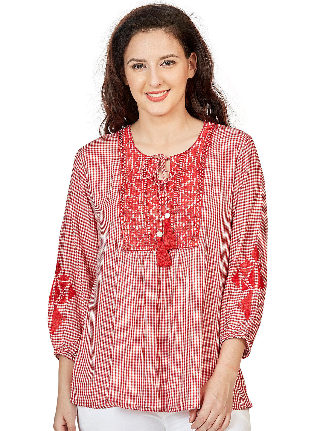 SANAA Women Checked Round Neck Straight Short Kurti