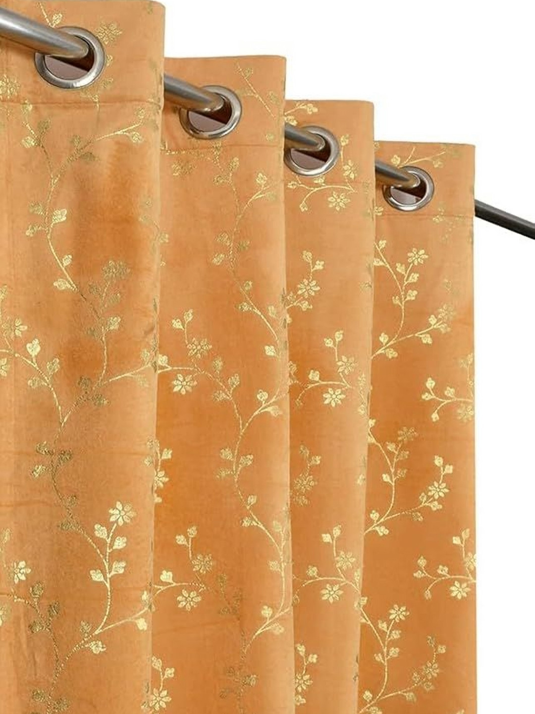 GEET CREATIONS Orange & Gold 2 Pieces Floral Room Darkening Velvet Window Curtains