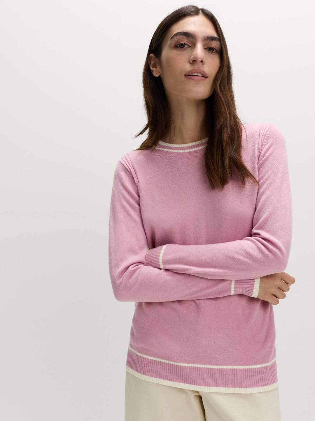 Marks & Spencer Women Colourblocked Supersoft Tipped Round Neck Long Sleeves Pullover
