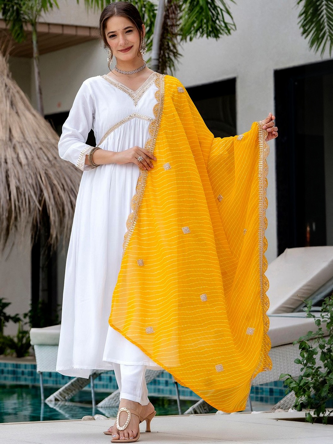 KALINI Yoke Design Empire Sequinned Chanderi Silk Anarkali Kurta & Churidar With Dupatta