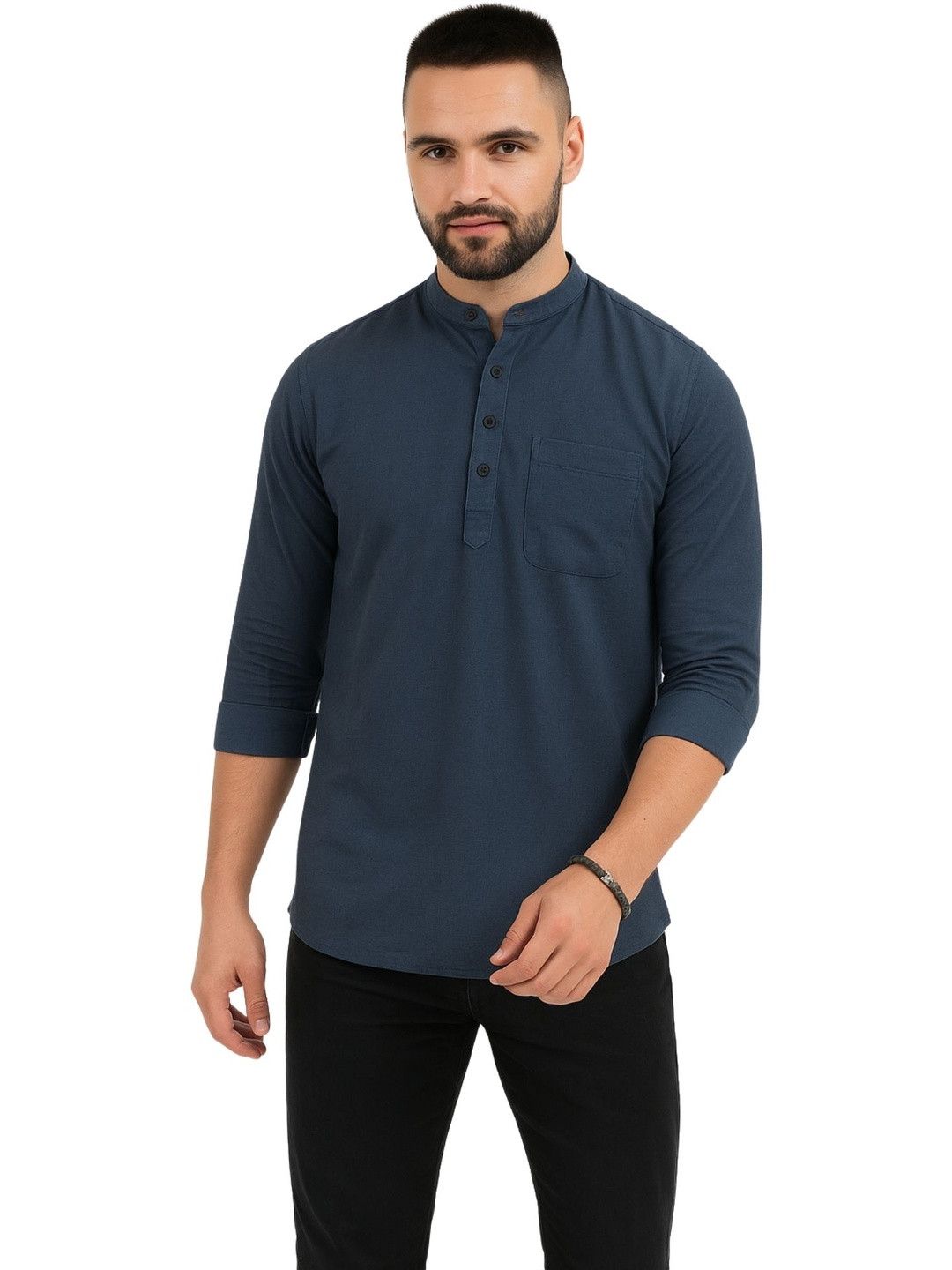 RS Fashions Band Collar Roll-Up Sleeves Pure Linen Straight Short Kurta