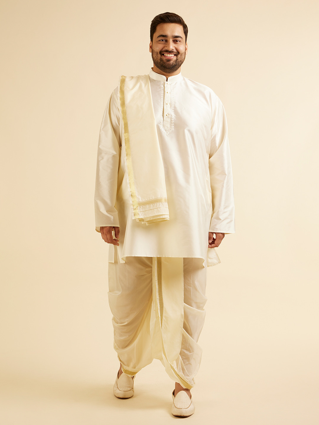Manyavar Men Cream-Coloured Solid Kurta & Dhoti with Angavastram