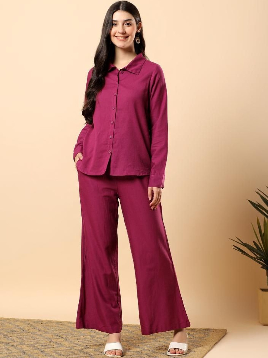 HERE&NOW Purple Cotton Flex Solid Shirt With Trousers Set