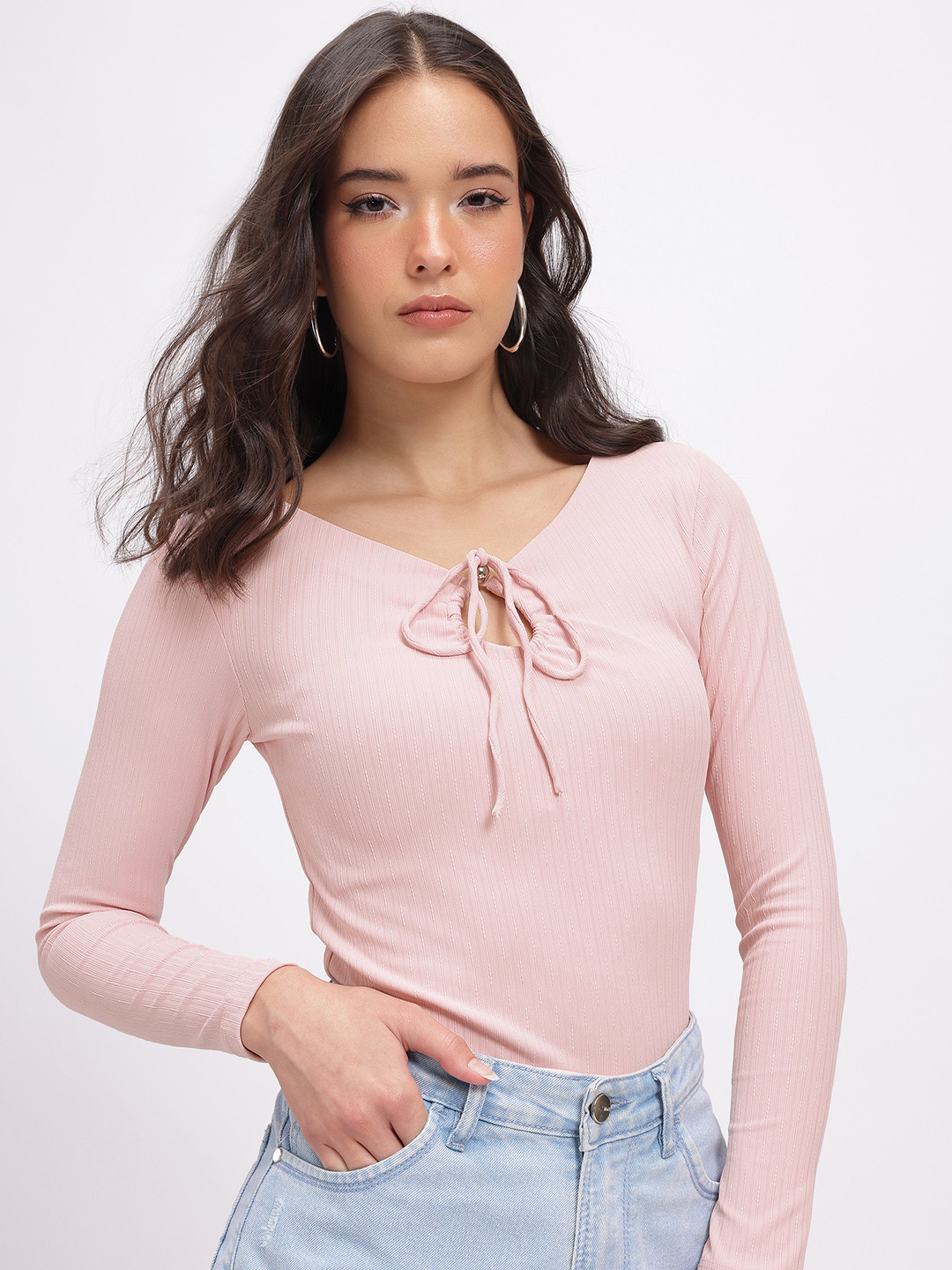 Dusty Pink Tie-Up Neck Ribbed Fitted Top