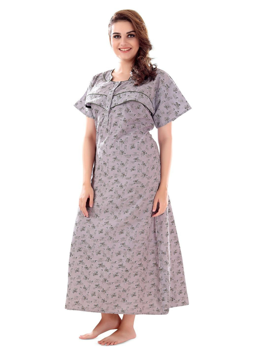 ANKONA Women Floral Printed Round Neck Cotton Maternity Maxi Feeding Nightdress