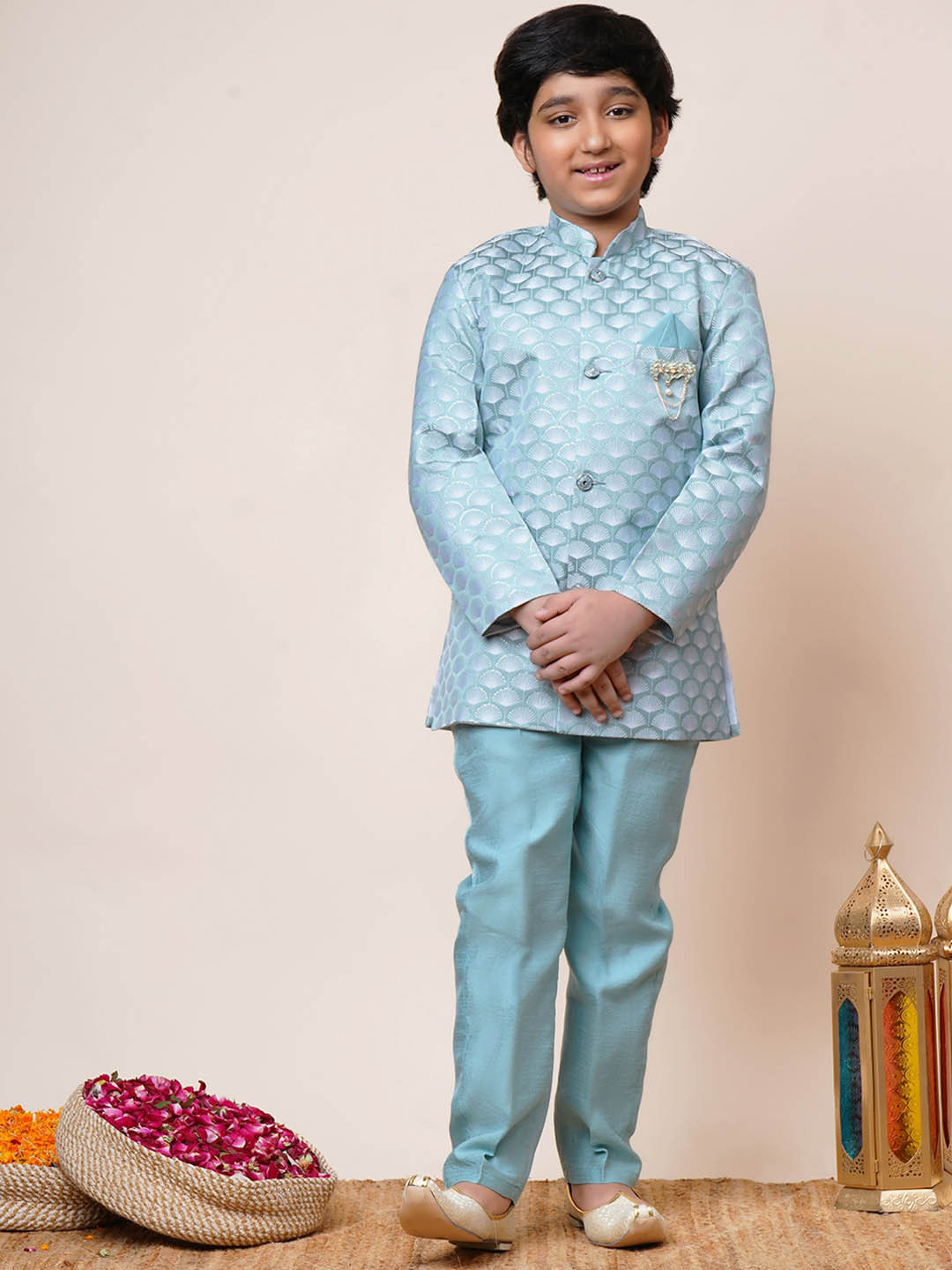 BT DEZINES Boys Self Design Sherwani With Trousers Set