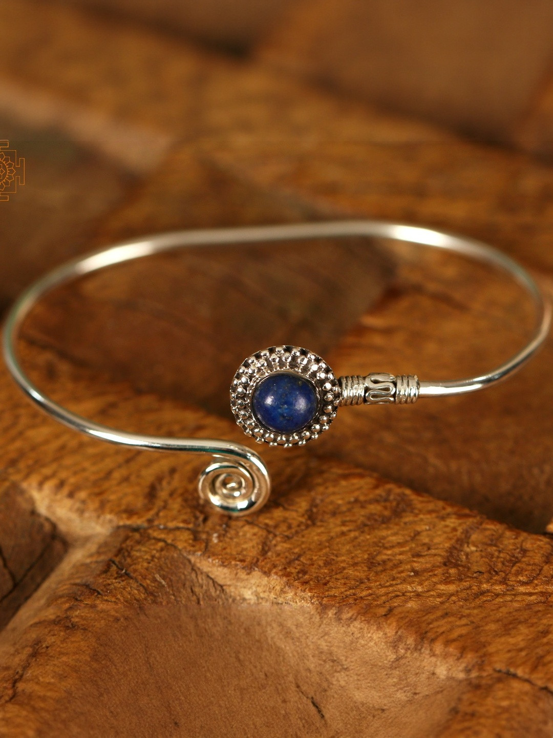 Exotic India Women Sterling Silver Lapis Lazuli Stone Studded & Spiral Open Cuff Bracelet