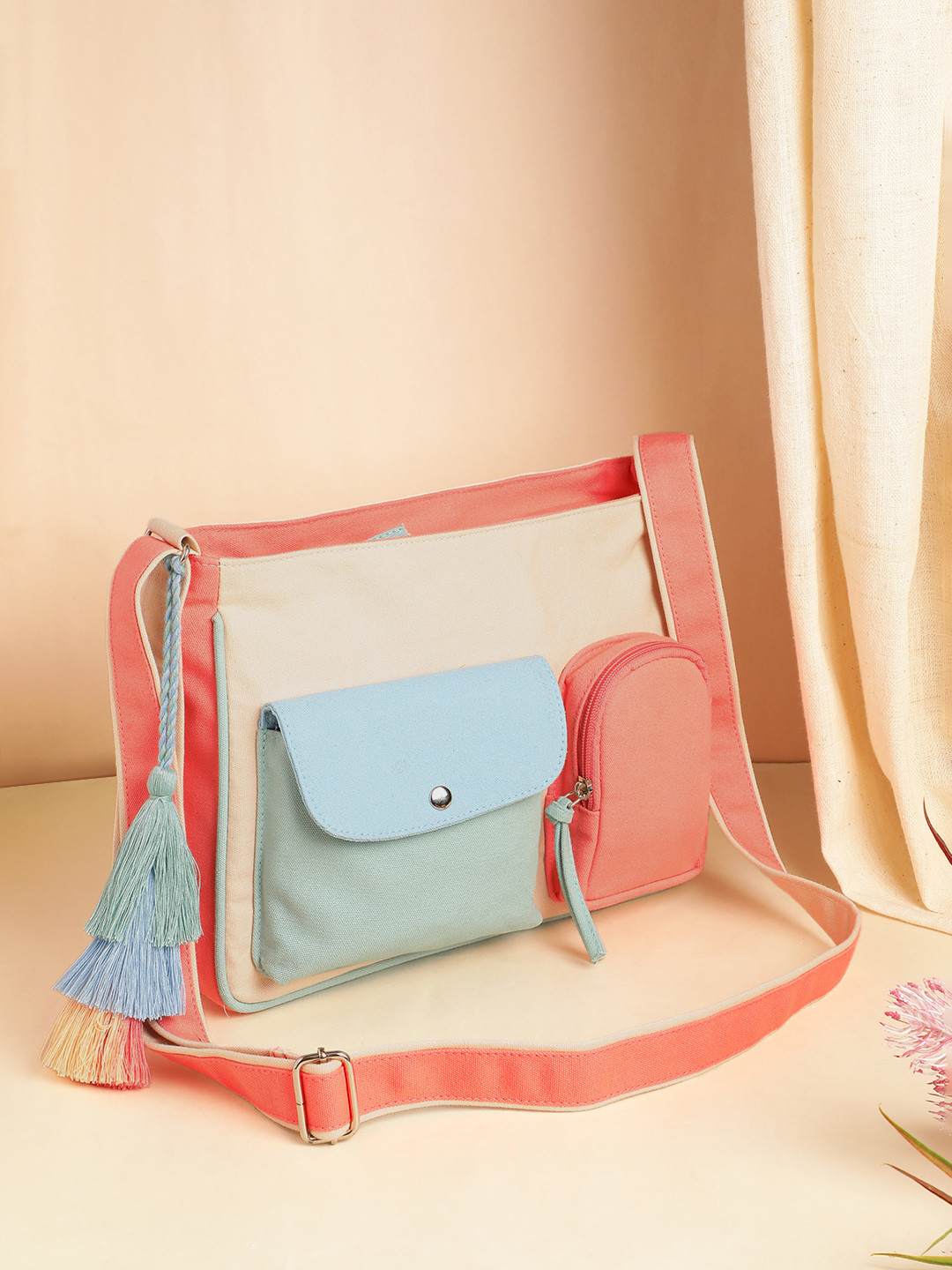 Anekaant Hue Cream Cotton Canvas Colourblocked Sling Bag