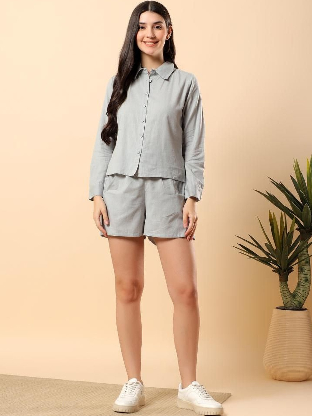 HERE&NOW Cotton Flex Solid Shirt With Short Pants Set
