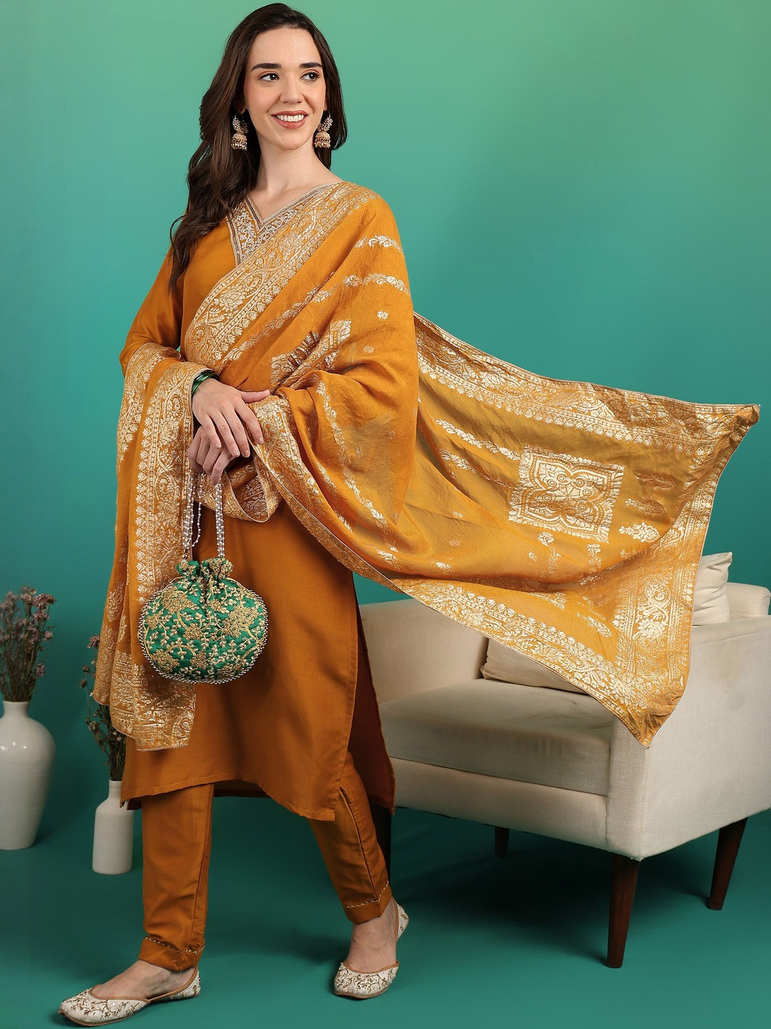 Women's Mustard Embroidered Kurta Set with Dupatta | Blend Fabric