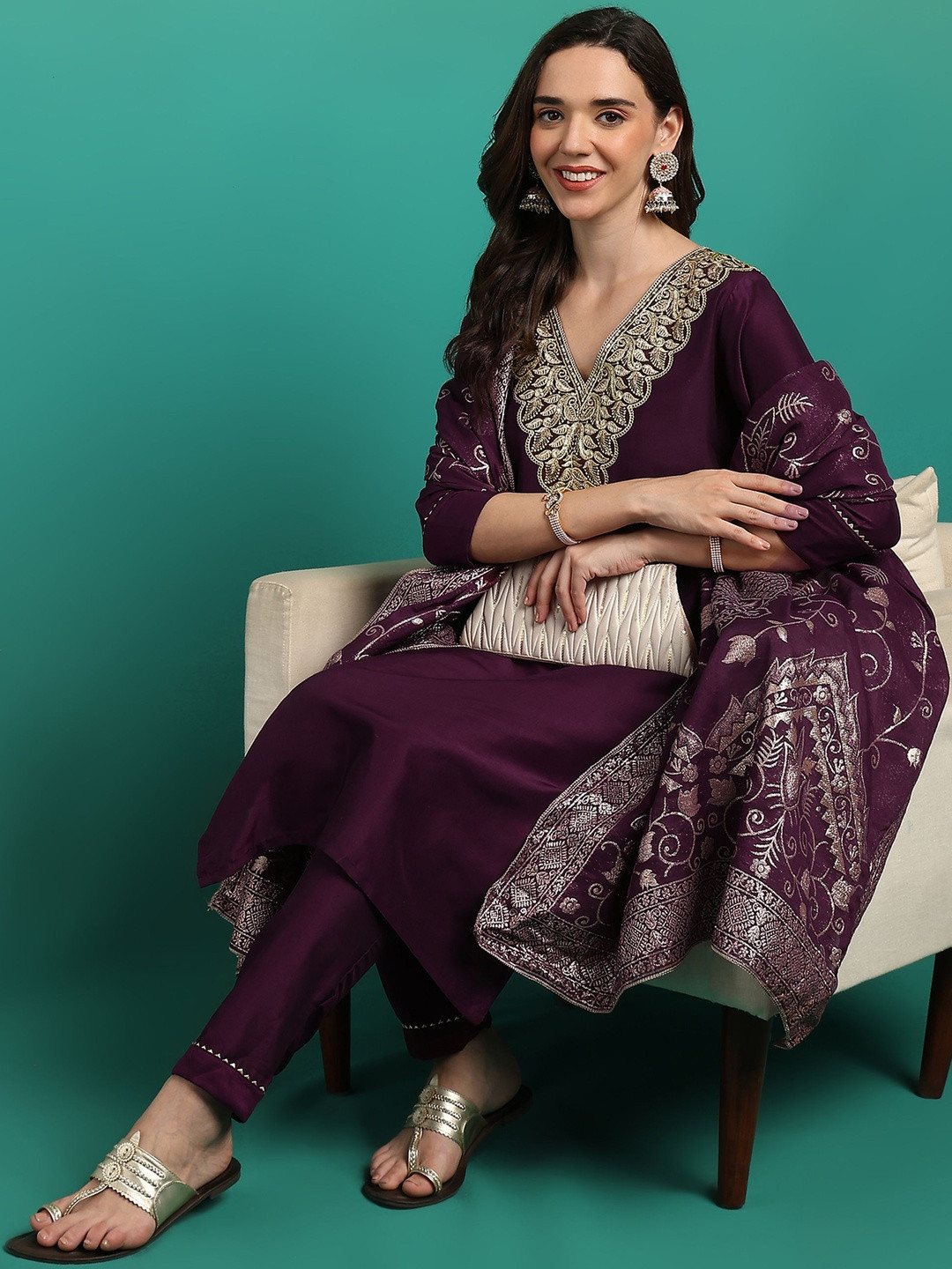 Women's Wine Embroidered Kurta Set with Dupatta | Blend Fabric