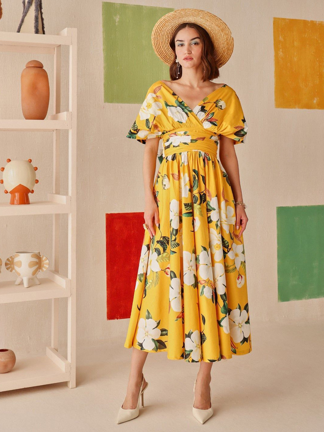 Sage by Mala Women Magnolia Floral Printed Pure Cotton Puff Sleeve Wrap Midi Dress