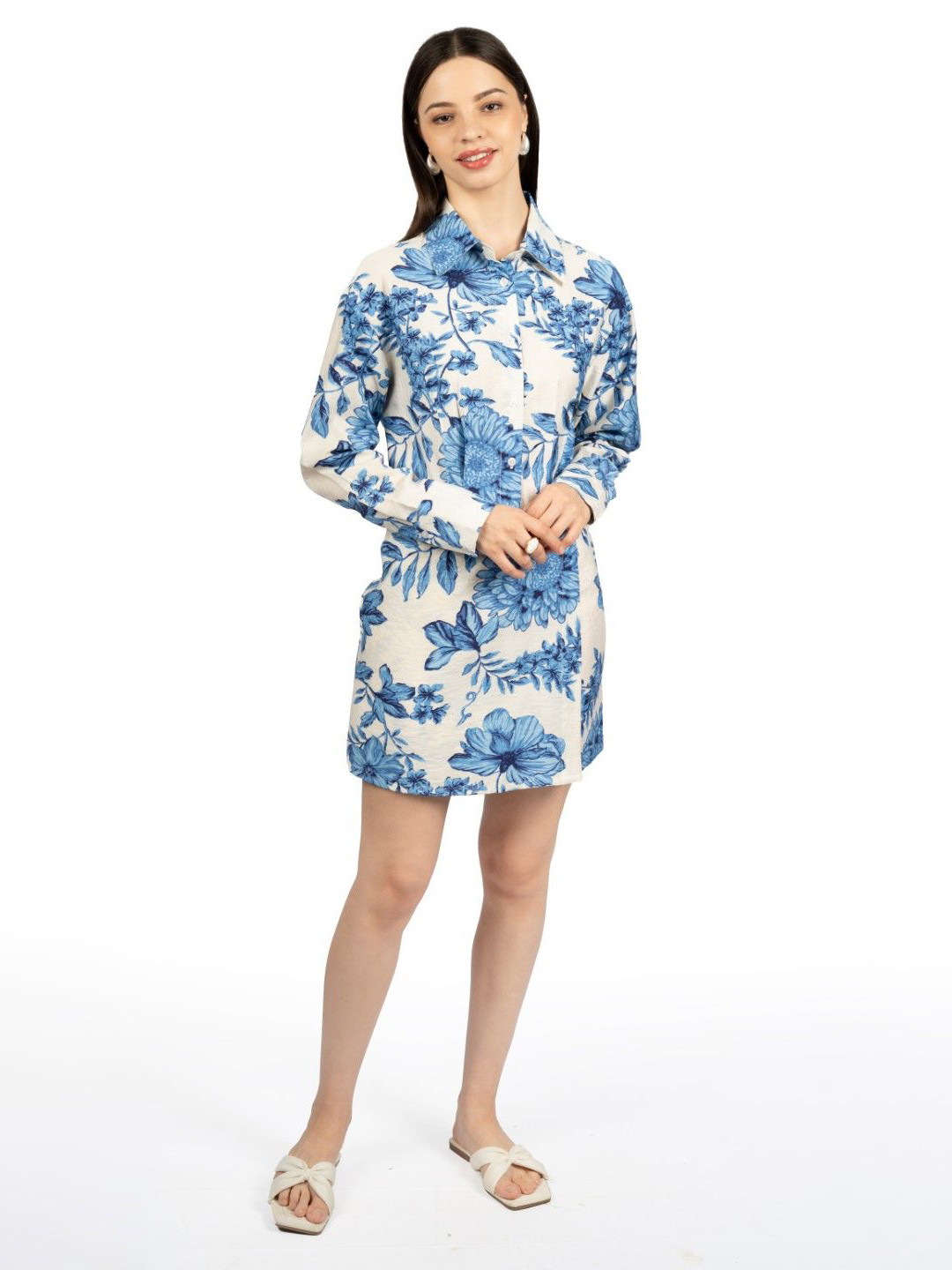 CORY EDGE Women Floral Printed Above Knee Cuffed Sleeves Shirt Dress