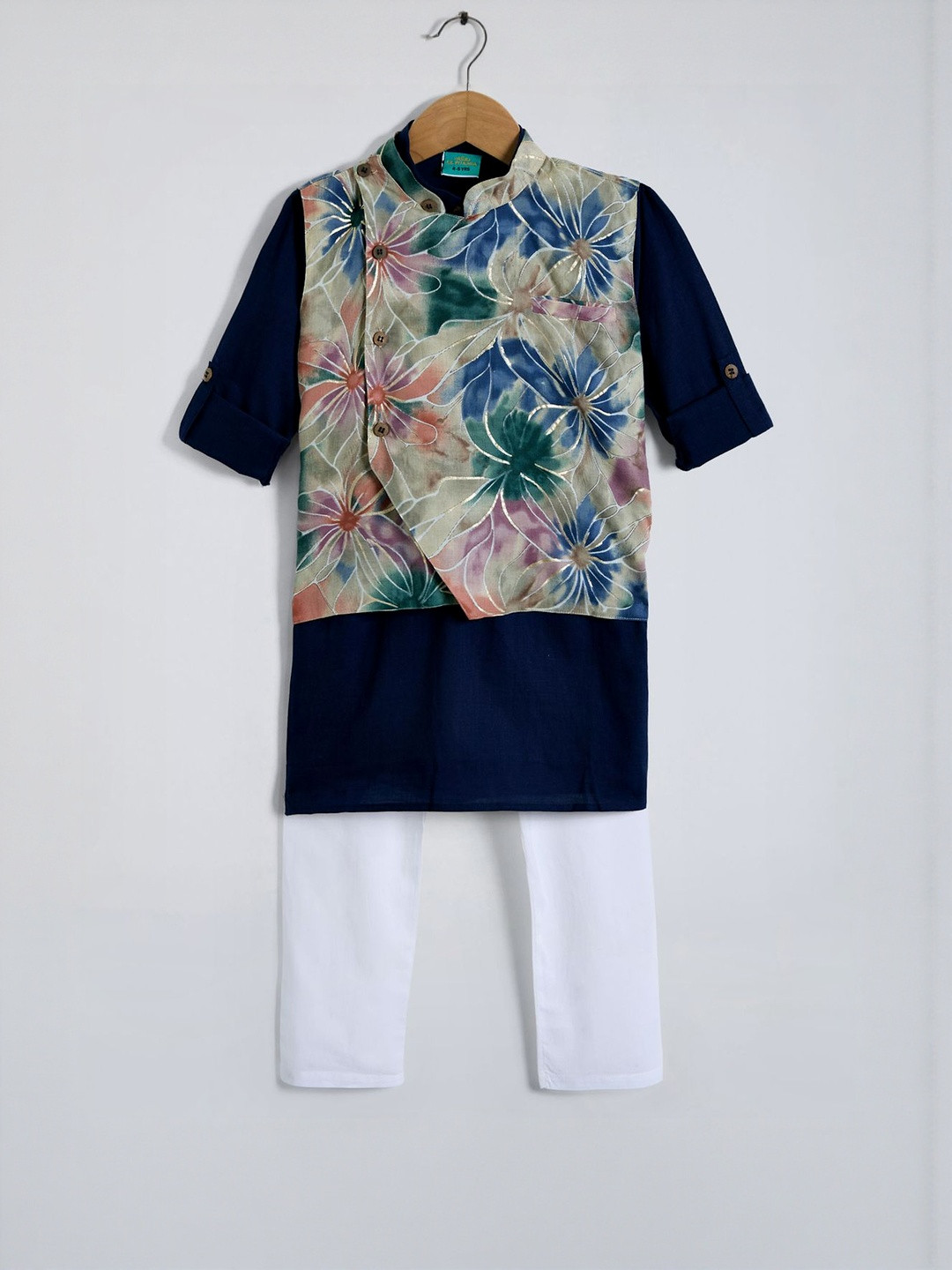 Hopscotch Boys Floral Printed Pure Cotton Kurta with Pyjama & Waist Coat