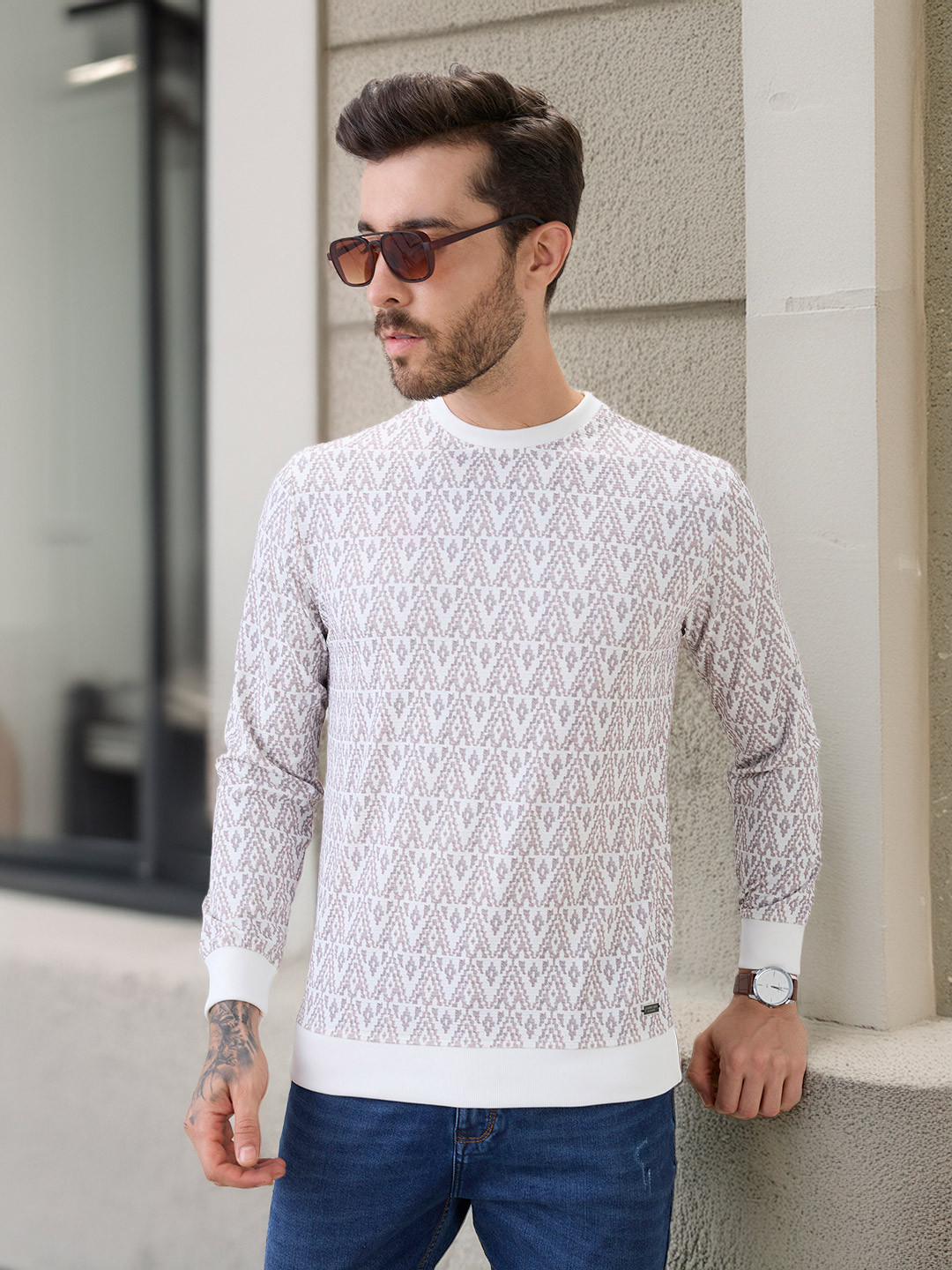 Status Quo Men Geometric Patterned Round Neck Full Sleeve Sweatshirt with Ribbed Cuffs