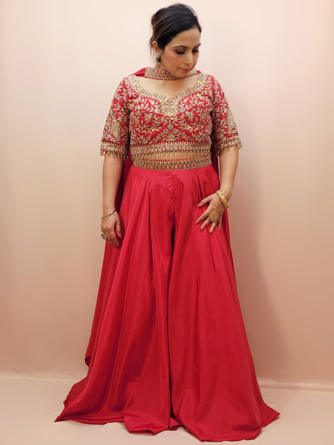 SAKSHI- The Wedding Store Women Embroidered Crop Top and Palazzo Co-Ords With Dupatta Set