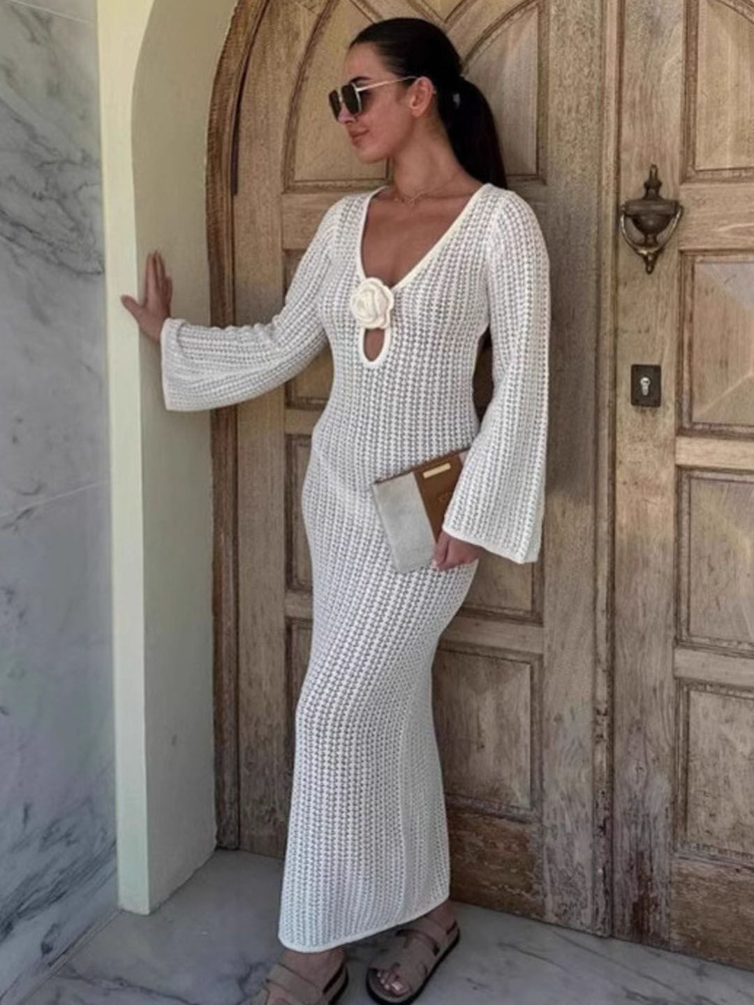 StyleCast Women Self Design V-Neck Maxi Dress with Bell Sleeves