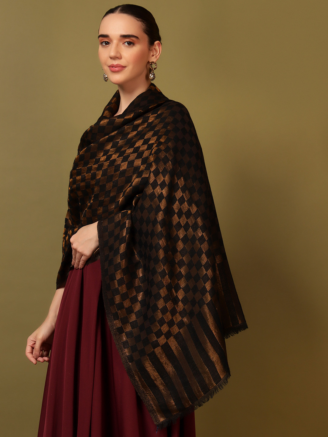 Pashmoda Women Reversible Champagne Check Fine Wool Shawl